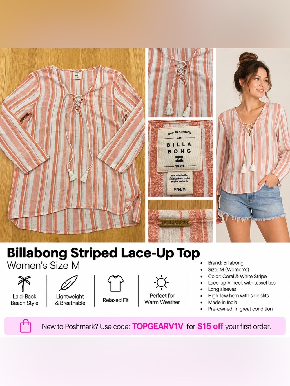 Billabong Coral & White Striped Lace-Up V-Neck Tunic